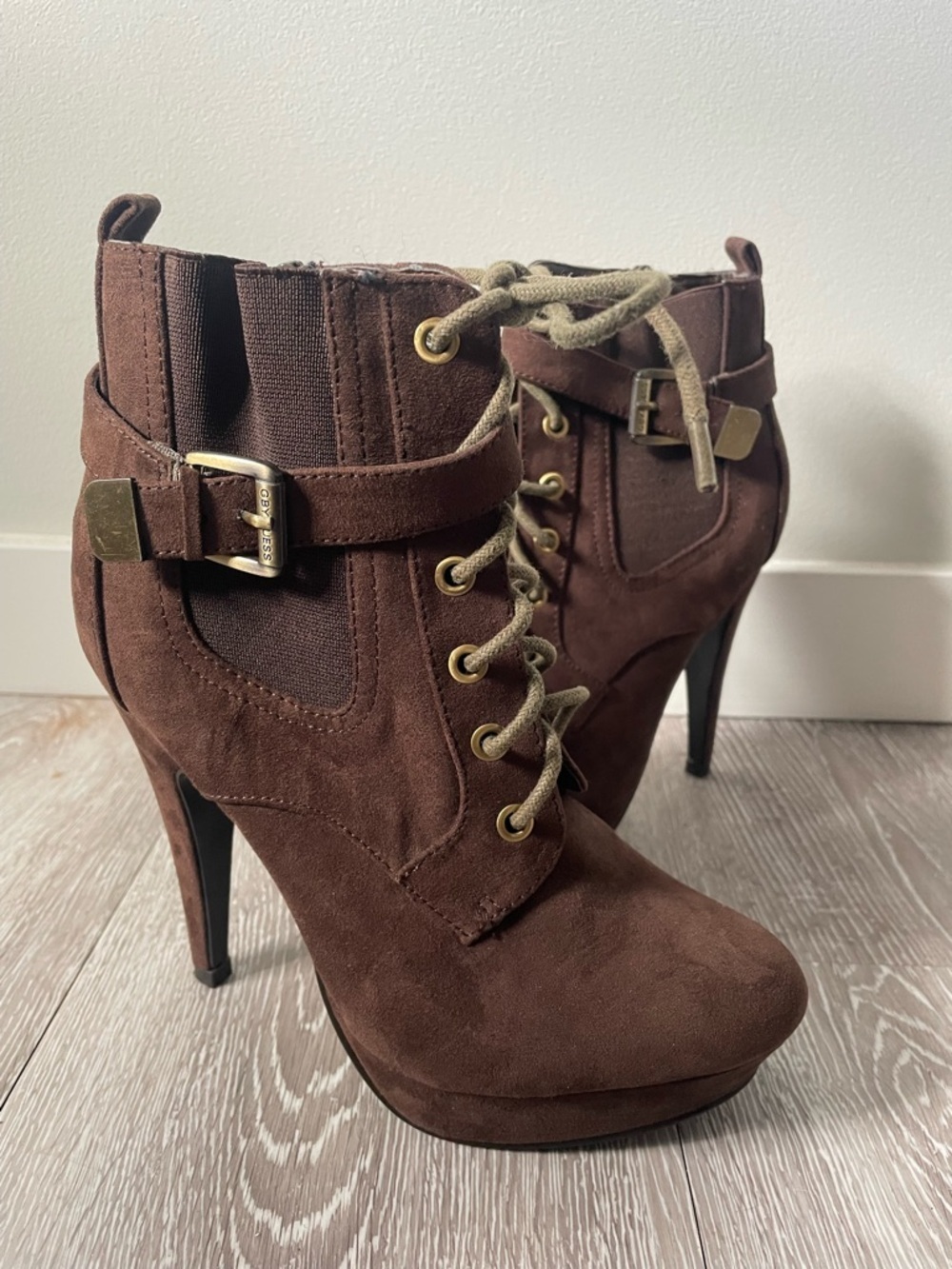 Guess Platform Combat High Heel Stiletto Booties Y2K Steampunk Military Alt 7